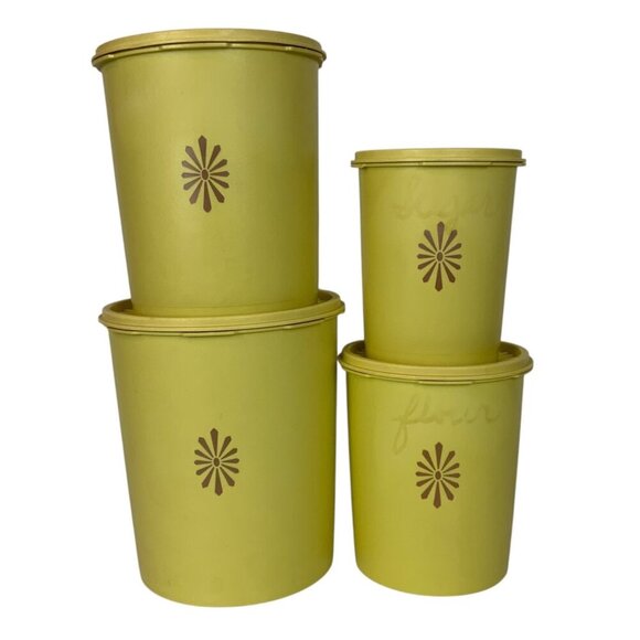 Vintage Tupperware Servalier Canister Set Of 4 Harvest Gold Containers FLAWED - Picture 1 of 11